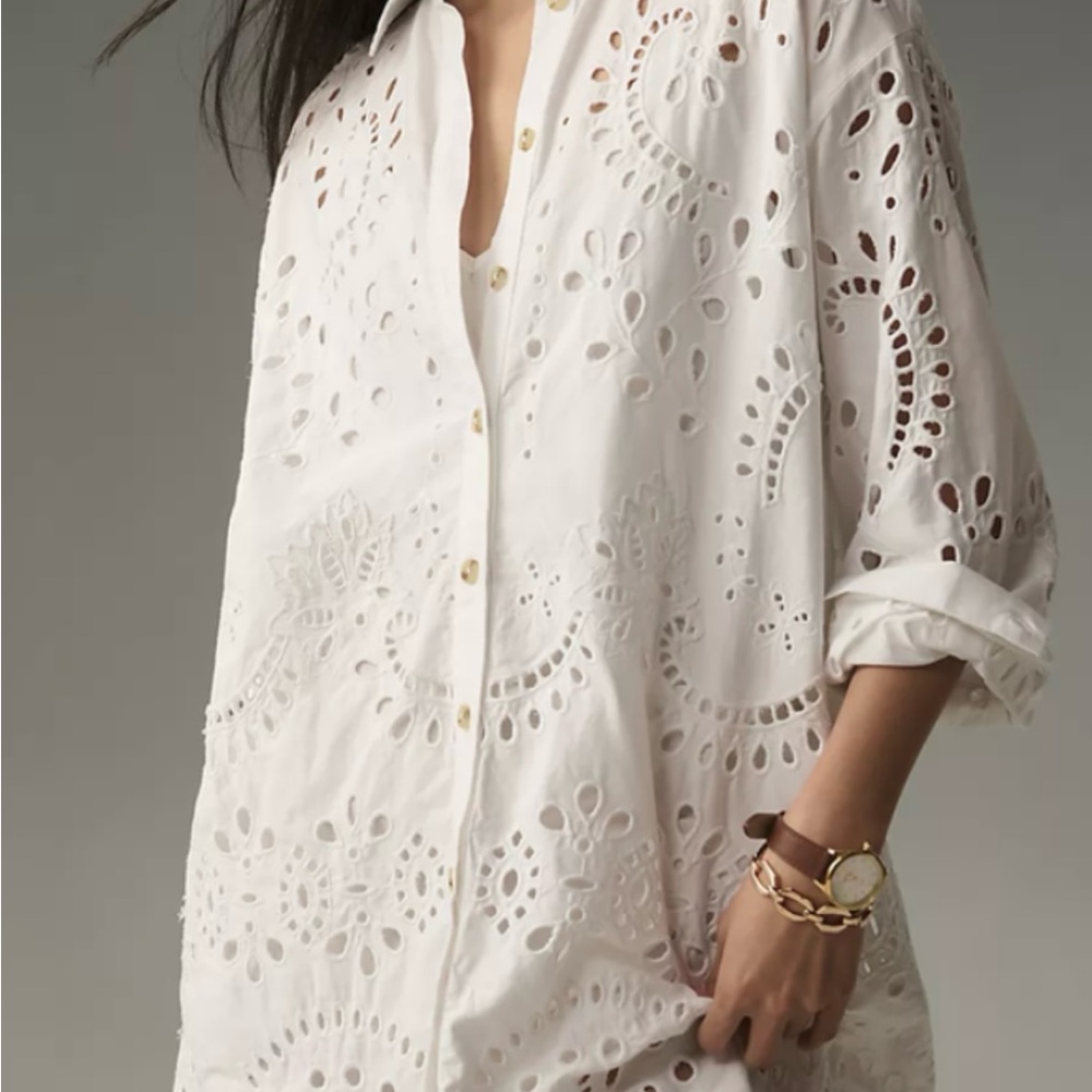 Anthropologie White Eyelet Button-Up Shirt Dress
